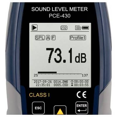 Tragbares Schallpegelmessgerät mit Anzeige von 73,1 dB auf dem Bildschirm, SPL A/F-Modus und Profil1 ausgewählt.