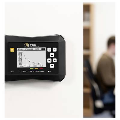 Wandmontiertes CO2-Datenlogggerät mit Bildschirm, der ein Liniendiagramm mit Rückgang und Datum anzeigt; unscharfe Person, die im Hintergrund sitzt.