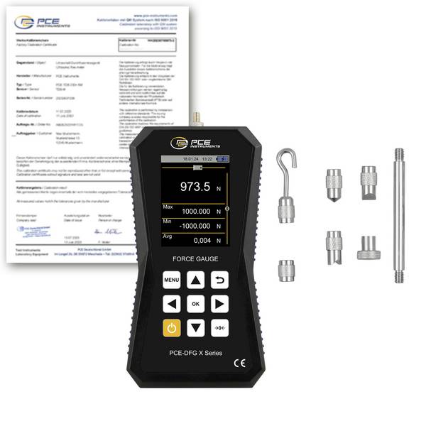 PCE Instruments Kraftmessgerät PCE-DFG 1000 X-ICA inkl. ISO-Zertifikat |1000N |7.200Hz|Genau ±0,05% F.S. |Speicher|IP52