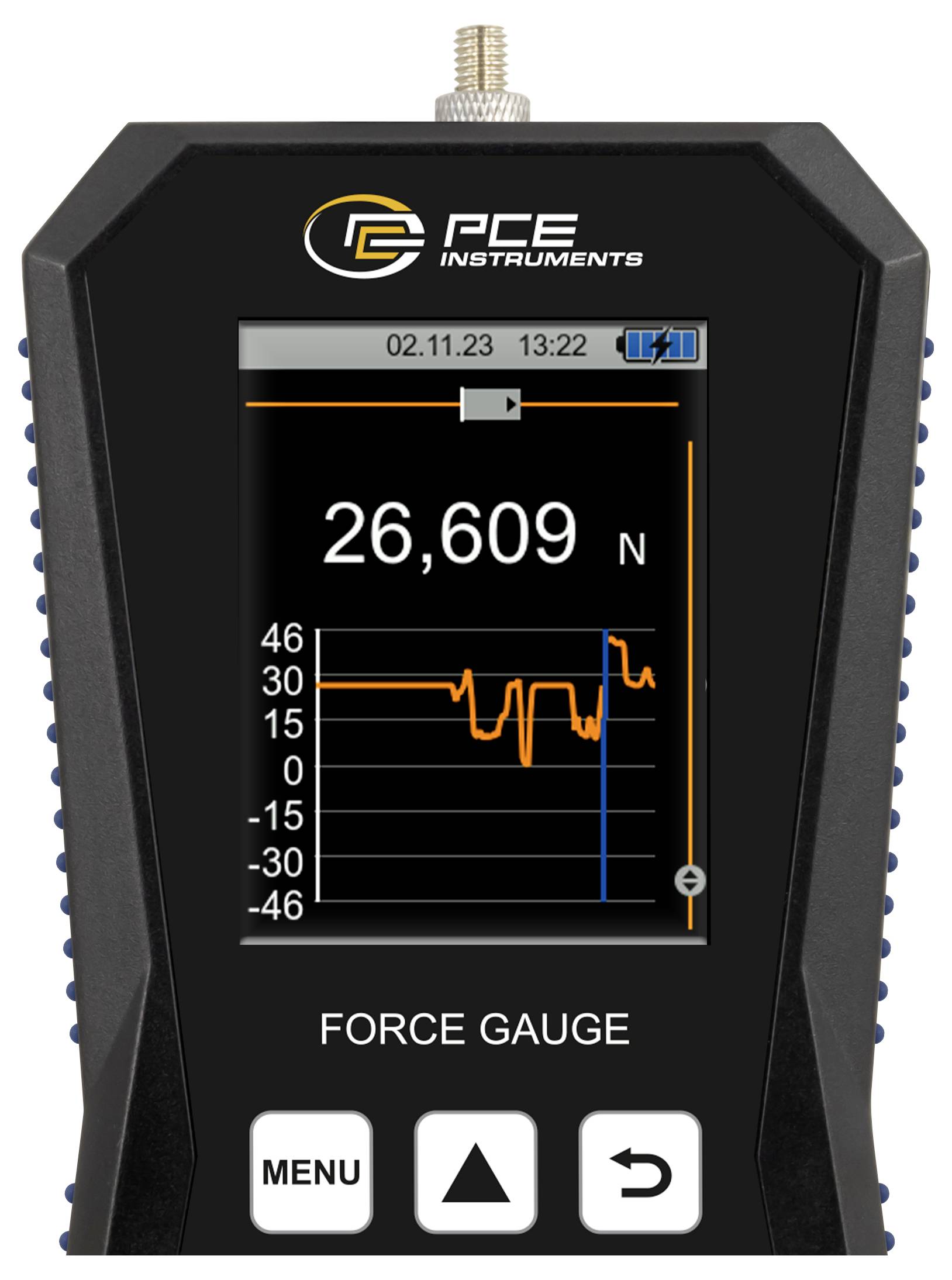 Ein tragbares Kraftmessgerät von FCE Instruments mit einer aktuellen Kraftanzeige von 26,609 N, einem kleinen Trenddiagramm und Menüschaltflächen.