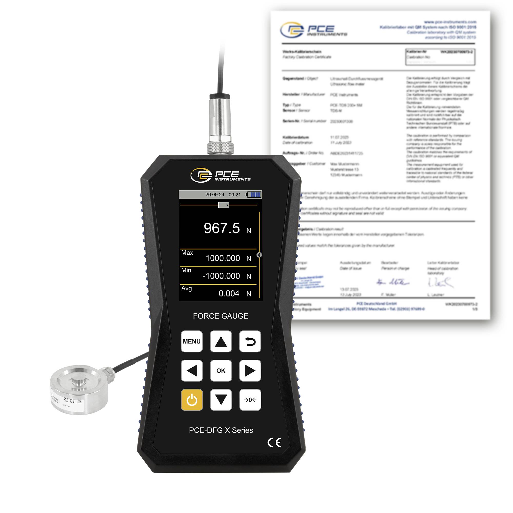 PCE Instruments Kraftmesser PCE-DFG 1K XF-ICA inkl. ISO-Zertifikat |1000N |Genauigkeit ±0,05 % FS |32 GB Speicher |USB-C