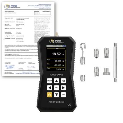 PCE-Kraftmessgerät-Kit mit digitalem tragbarem Messgerät, Kalibrierzertifikat und sechs austauschbaren Prüfaufsätzen.