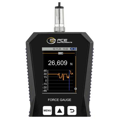 PCE Instruments Kraftmessgerät zeigt eine Live-Kraftanzeige von 26.609 N mit einem Diagramm und Menütasten auf dem Bildschirm.