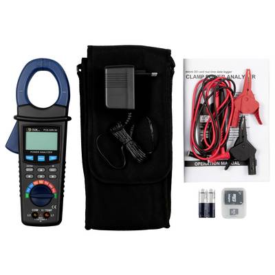 Stromzangen-Analyzer-Set mit tragbarem Messgerät, Transportkoffer, Messleitungen, Bedienungsanleitung, Stromzangen, Batterien und kleinem Zubehörmodul.