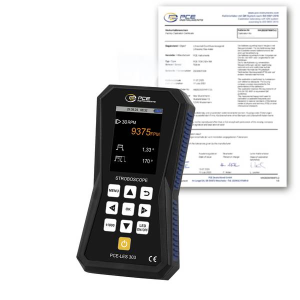PCE Instruments Stroboskop PCE-LES 303-ICA inkl. ISO-Zertifikat |3 High Power LEDs |Blitzfrequenz 60 … 300000 FPM |IP52