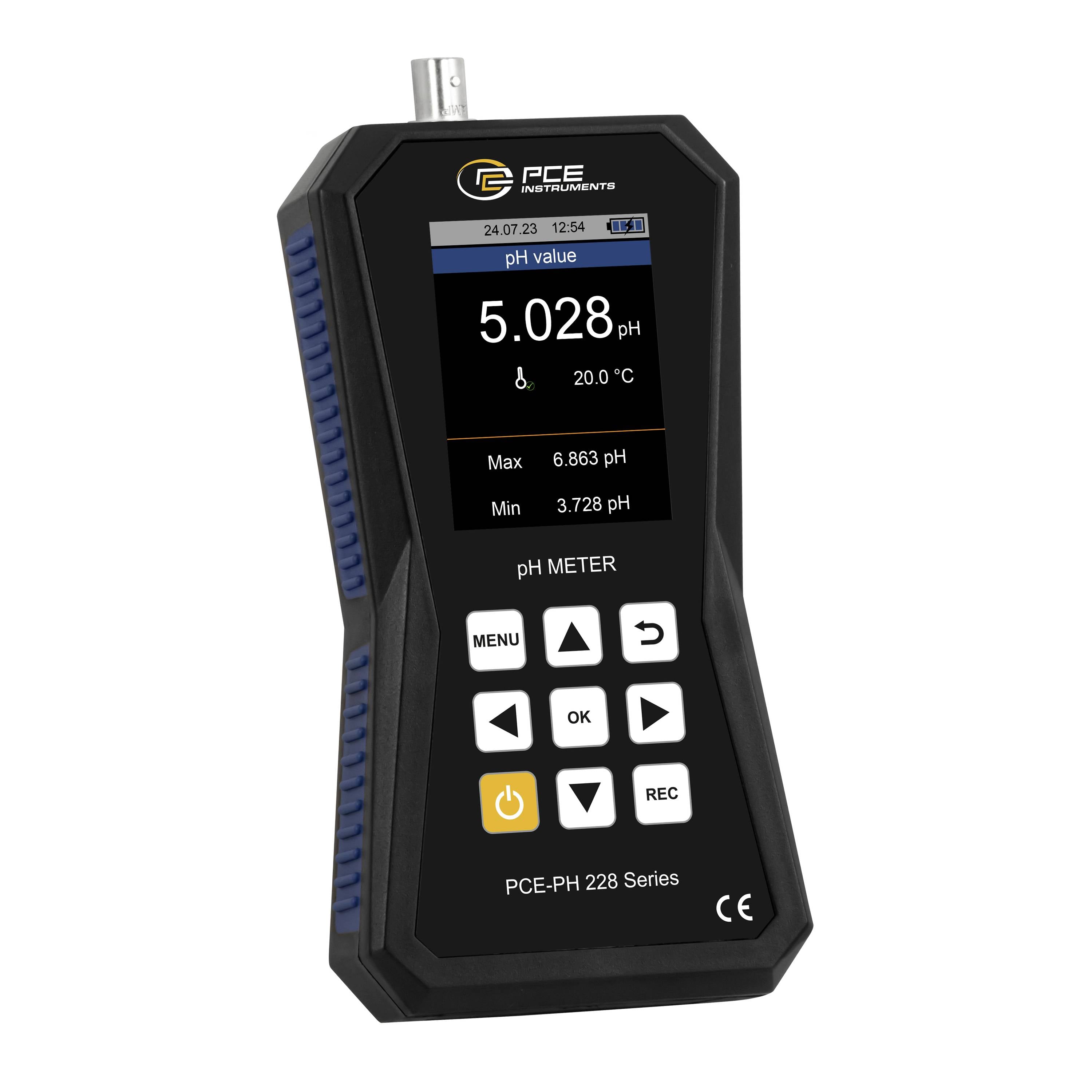 Tragbares pH-Messgerät mit einer Anzeige von 5,028 pH und 20,0°C, mit Maximum 6,863 pH und Minimum 3,728 pH.