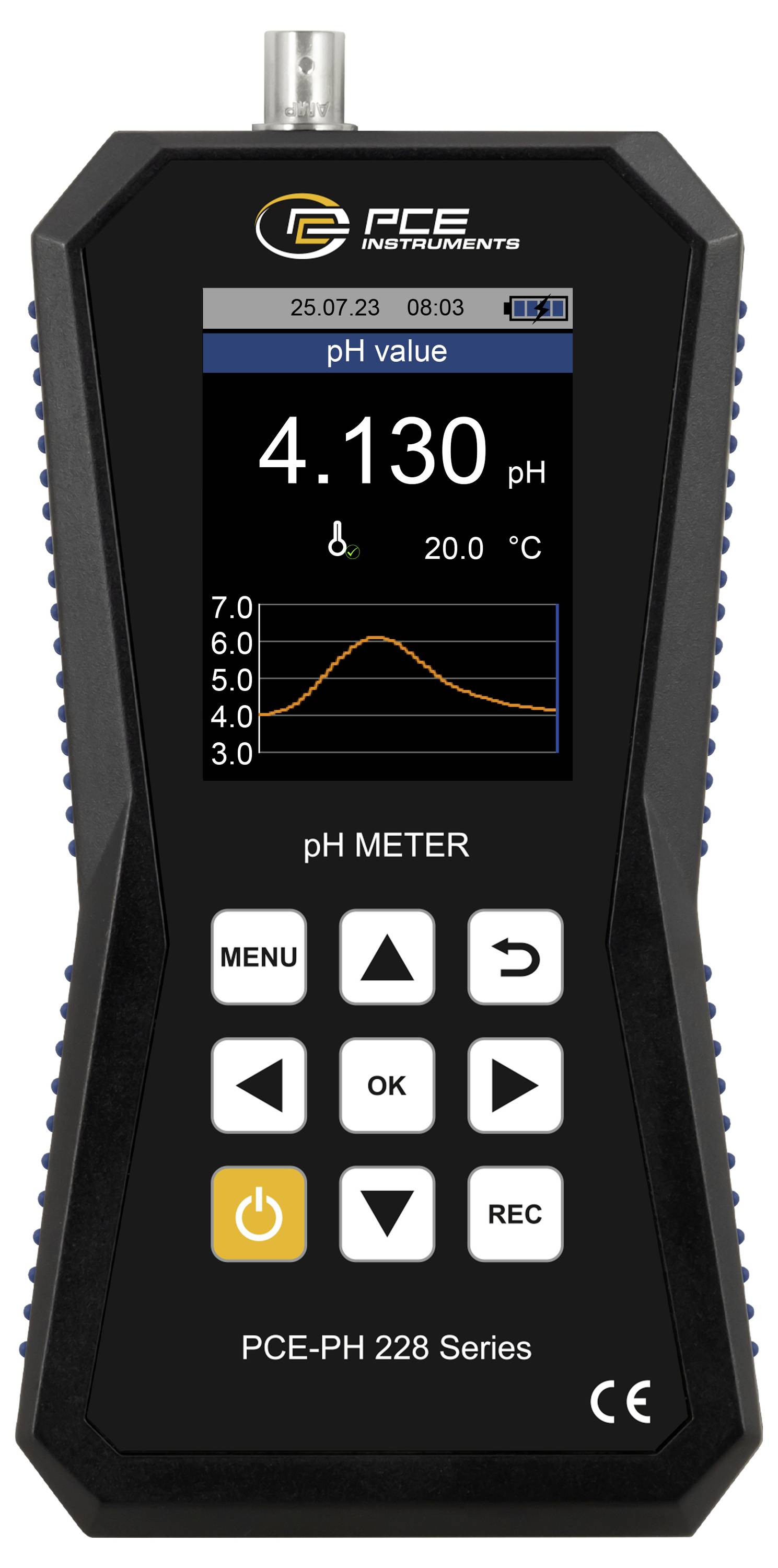 Tragbares PCE-pH-Messgerät mit Display, das den pH-Wert 4,130, die Temperatur 20,0 °C und ein Liniendiagramm des pH-Wertes über die Zeit anzeigt.