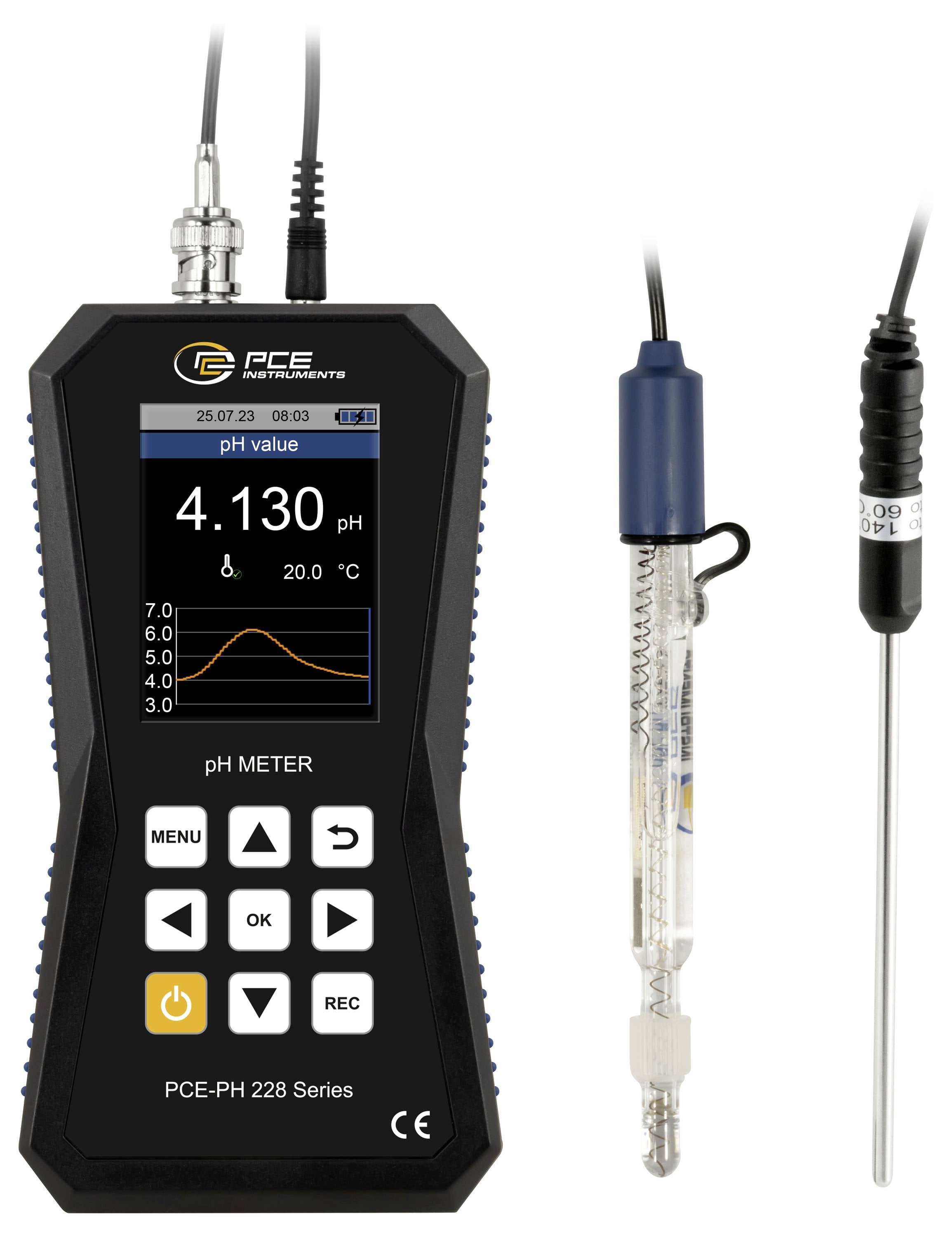 Tragbares PCE-pH-Messgerät mit Display zeigt 4,130 pH an, mit verbundener Glas-pH-Elektrode und Temperatursensor