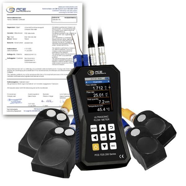 PCE Instruments Ultraschall-Durchflussmessgerät PCE-TDS 200+ ML-ICA inkl. ISO-Zertifikat |Sensor-Set|Wärmemengenmessung