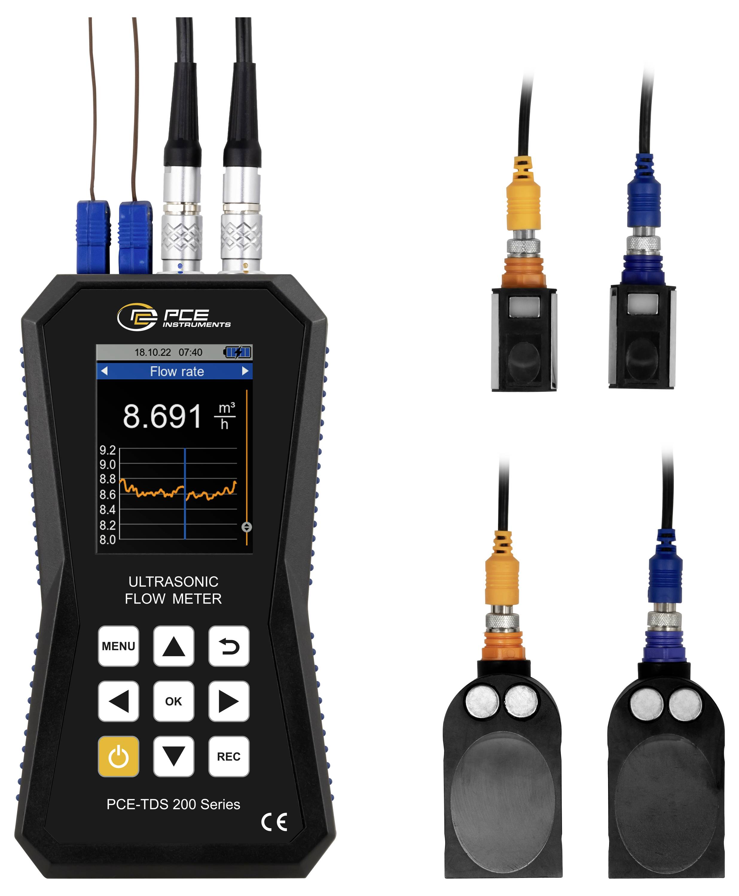 Tragbares Ultraschall-Durchflussmessgerät mit LCD-Anzeige von 8.691 m³/h, plus zwei aufsteckbare Sensorsonden und vier Sensoransichten