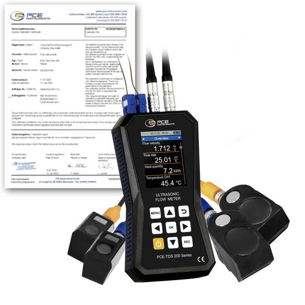 PCE Instruments Ultraschall-Durchflussmessgerät PCE-TDS 200+ SM-ICA inkl. ISO-Zertifikat|4 Sensoren|Wärmemenge|Speicher
