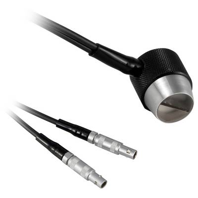 Nahaufnahme einer schwarzen zylindrischen medizinischen Sonde mit Kabelanschlüssen und zwei silbernen Adapterspitzen auf weißem Hintergrund.