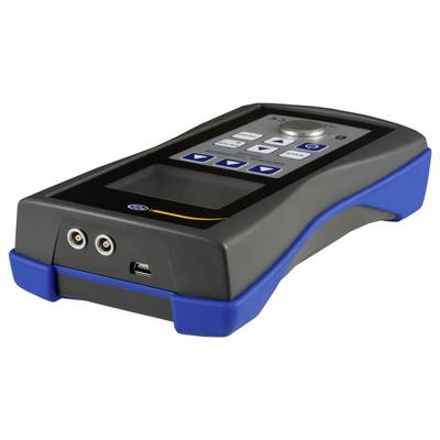 Ein tragbares elektronisches Gerät mit einem kleinen Bildschirm, Steuertasten, einem Drehknopf und vorderen Audio- und USB-Anschlüssen.