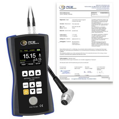 PCE Materialdickenprüfer mit Sonde und Kalibrierzertifikat, zeigt eine Messung von 15,15 mm auf seinem Display.