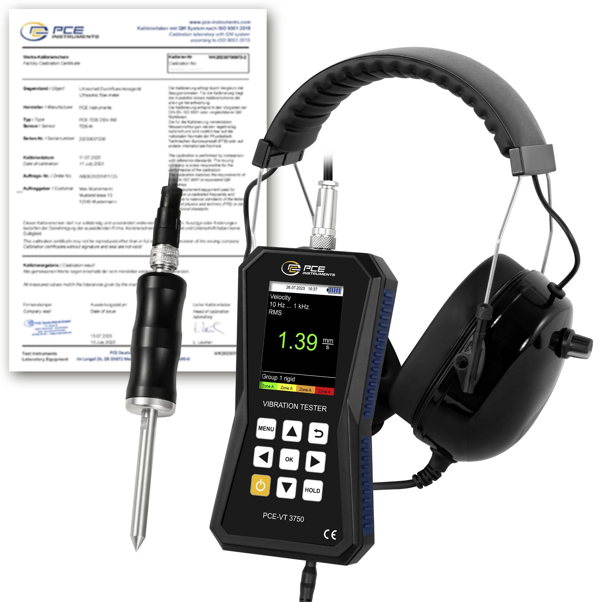 Tragbarer PCE-Vibrationsprüfer mit Sonde, Kopfhörern und Kalibrierzertifikat; Bildschirm zeigt Vibrationsverlauf-Messwert von 1,39 mm/s RMS.