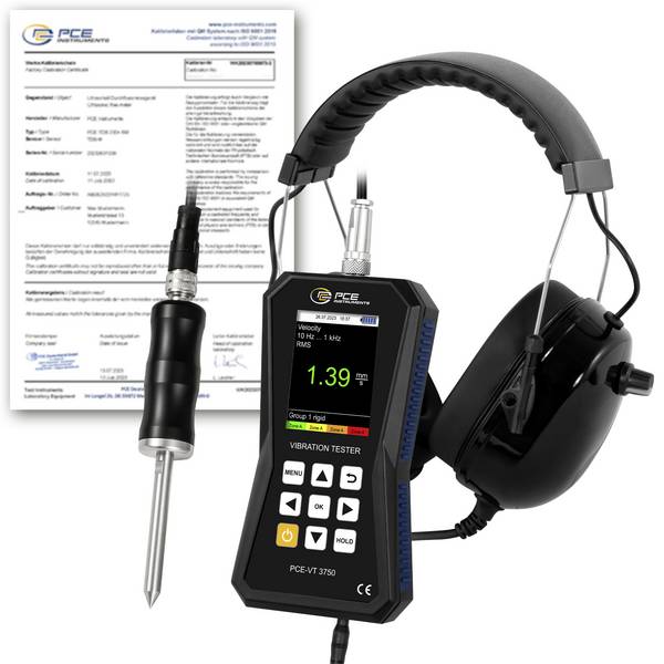PCE Instruments Schwingungsmessgerät PCE-VT 3750S-ICA inkl. ISO-Zertifikat |Kopfhörer |Nadelfühler |RMS|Peak|Peak-Peak