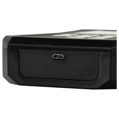 Schwarze Gerätefrontplatte mit einem zentrierten USB-C-Anschluss und einem geschlossenen rechteckigen Fach oder einer Schublade darunter.