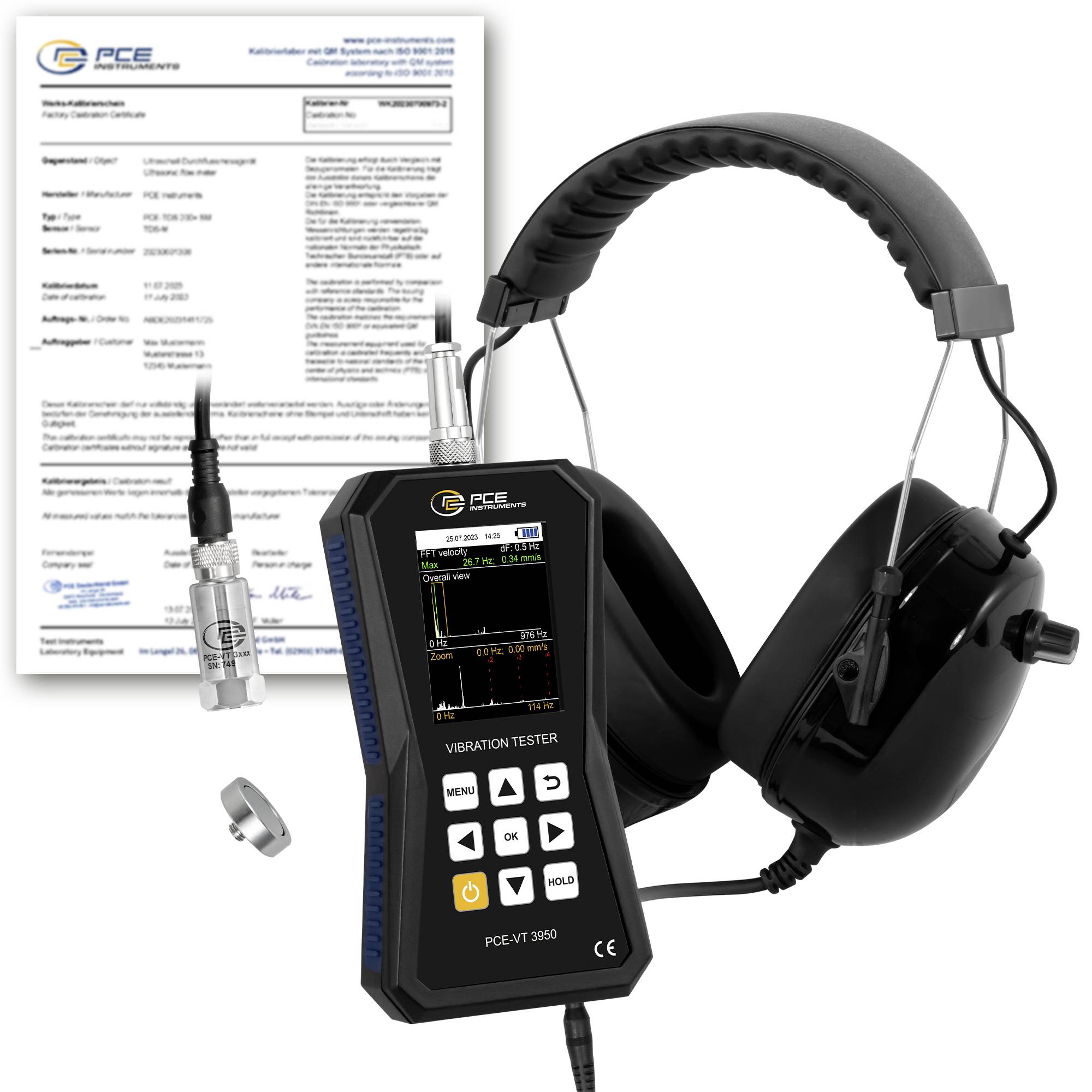 PCE Vibrationsübersichtsmessgerät mit Kopfhörern, Sonde und Kalibrierzertifikat, das ein tragbares Gerät zur Messung von Maschinenvibrationen und Lärm zeigt.