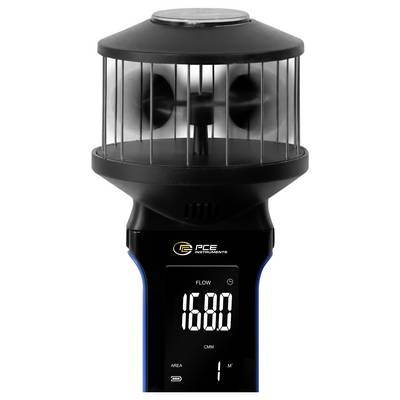 Tragbares Luftdurchsatzmessgerät von PCE Instruments mit geschütztem Sensor und digitaler Anzeige, die 168,0 CMM und Fläche 1 m² anzeigt.