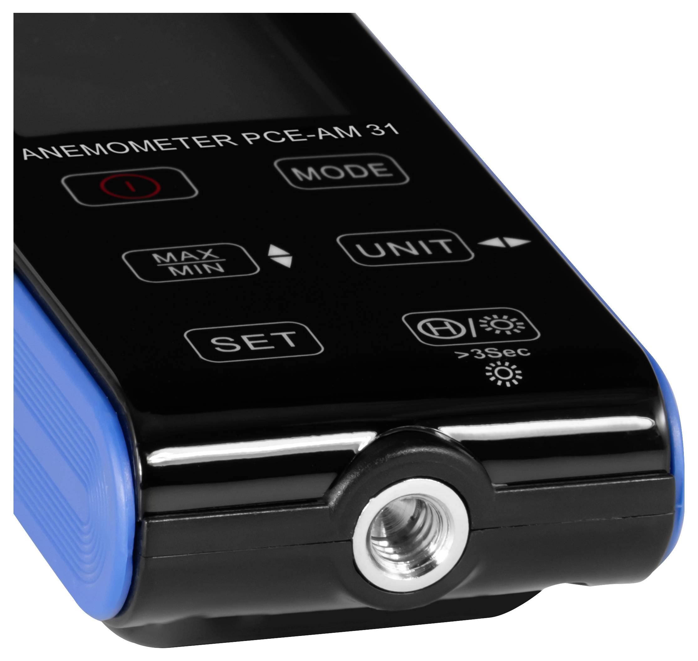 Nahaufnahme eines tragbaren Anemometers mit der Bezeichnung „ANEMOMETER PCE-AM 31" mit den Tasten Modus, Einheit, Einstellen und Max/Min sowie einem Metallsensoranschluss.
