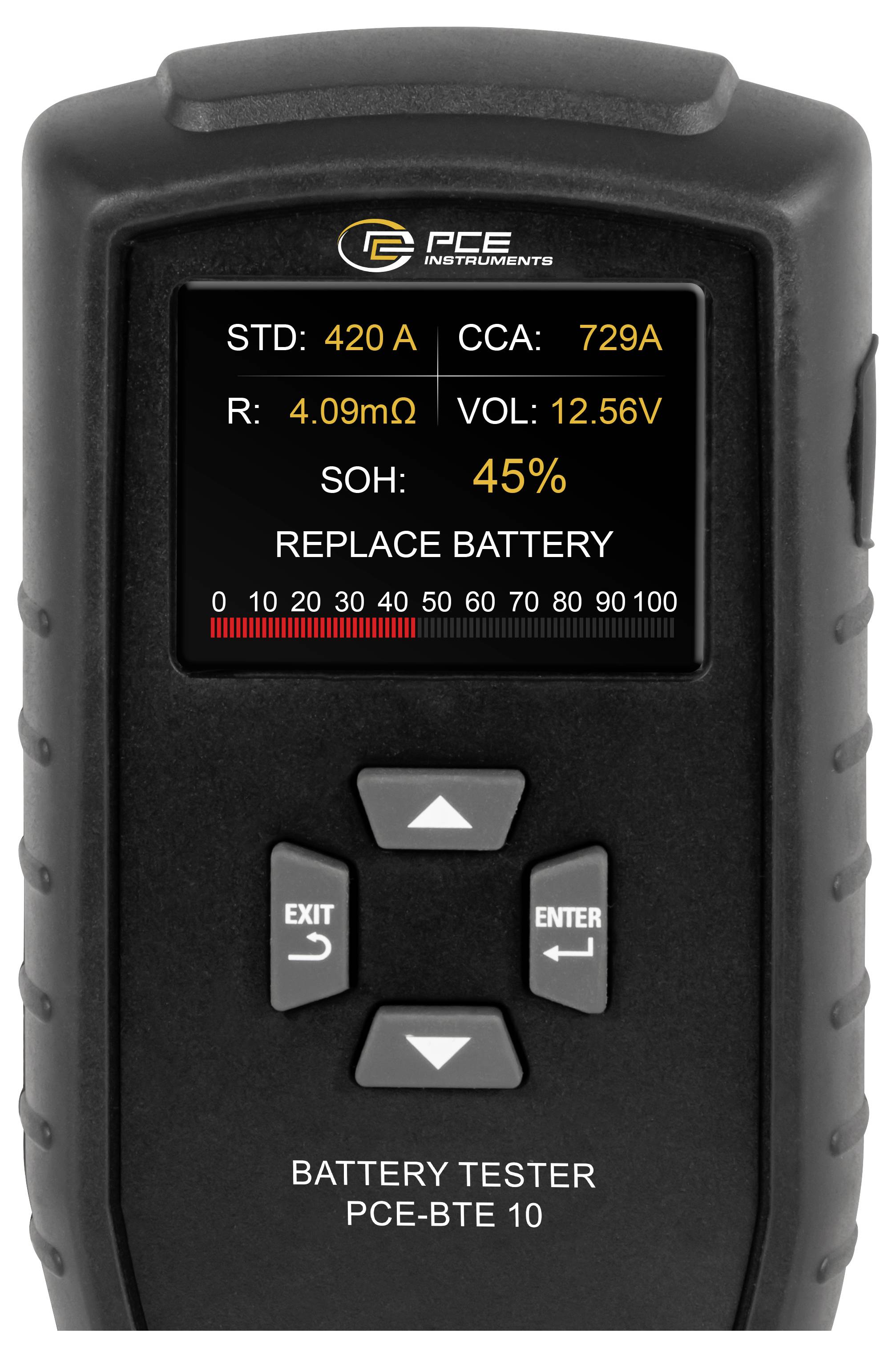 Tragbarer Batterietester zeigt Ergebnisse an: STD 420A, CCA 729A, R 4,09mΩ, VOL 12,56V, SOH 45%, und „BATTERIE AUSTAUSCHEN".