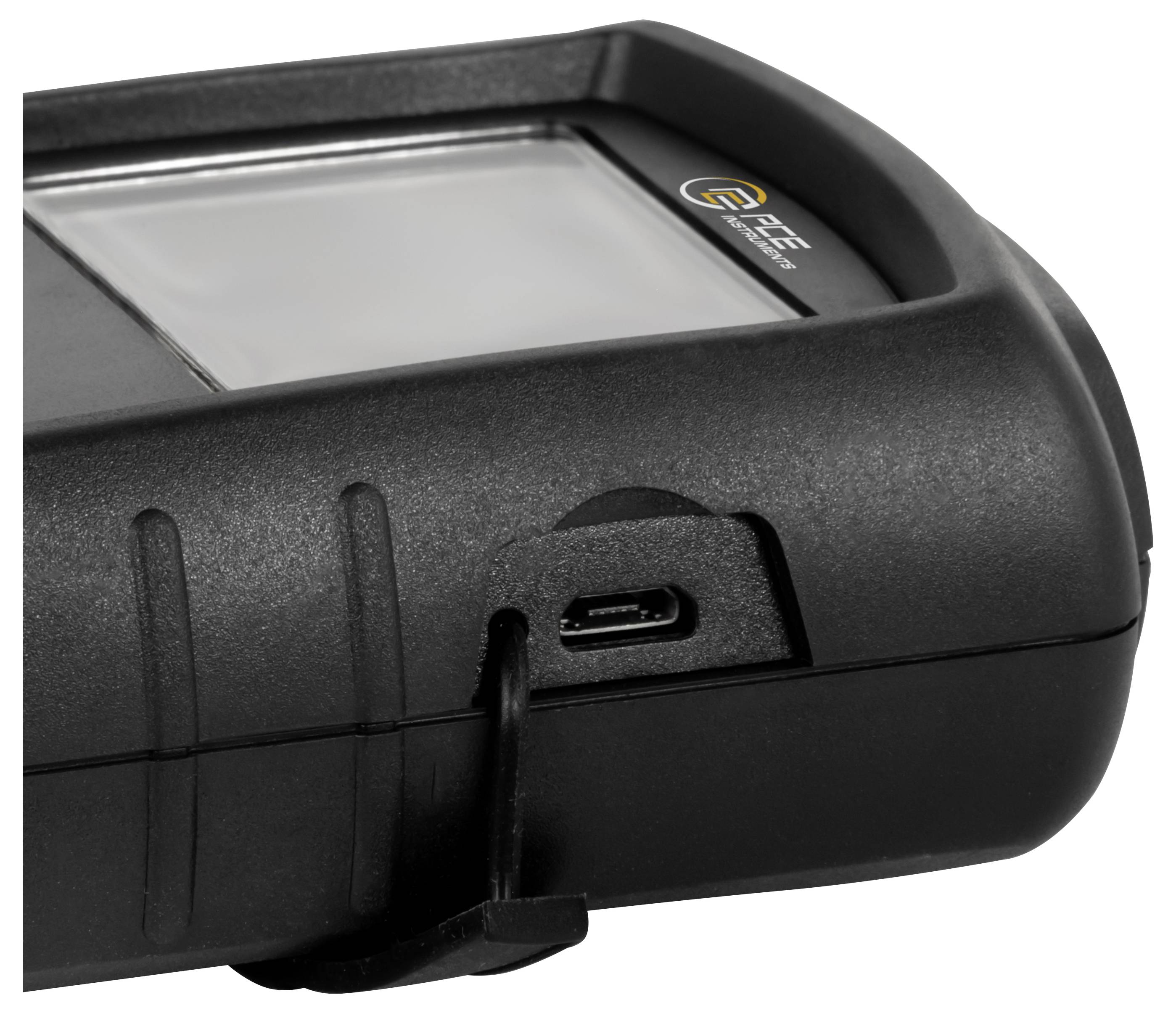 Nahaufnahme eines schwarzen tragbaren elektronischen Geräts mit Touchscreen und USB-C-Ladeanschluss an der Seite.