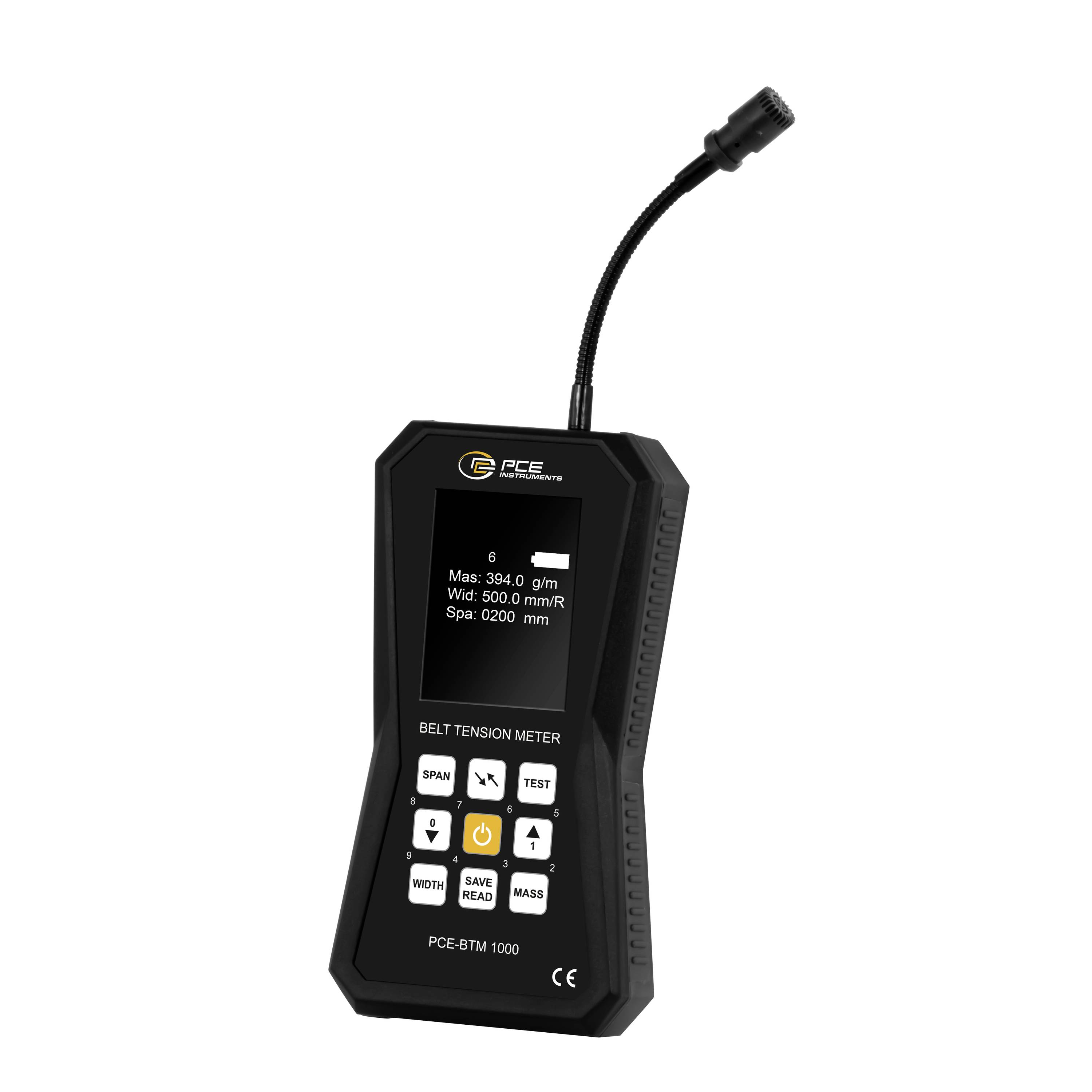 Tragbares Riemenspannungsmessgerät mit flexiblem Sensortastkopf und Display zur Anzeige von Messwerten.