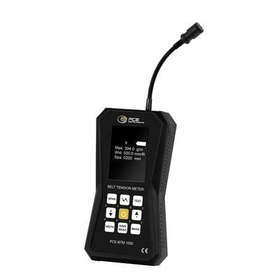 Tragbares Riemenspannungsmessgerät mit flexiblem Sensortastkopf und Display zur Anzeige von Messwerten.