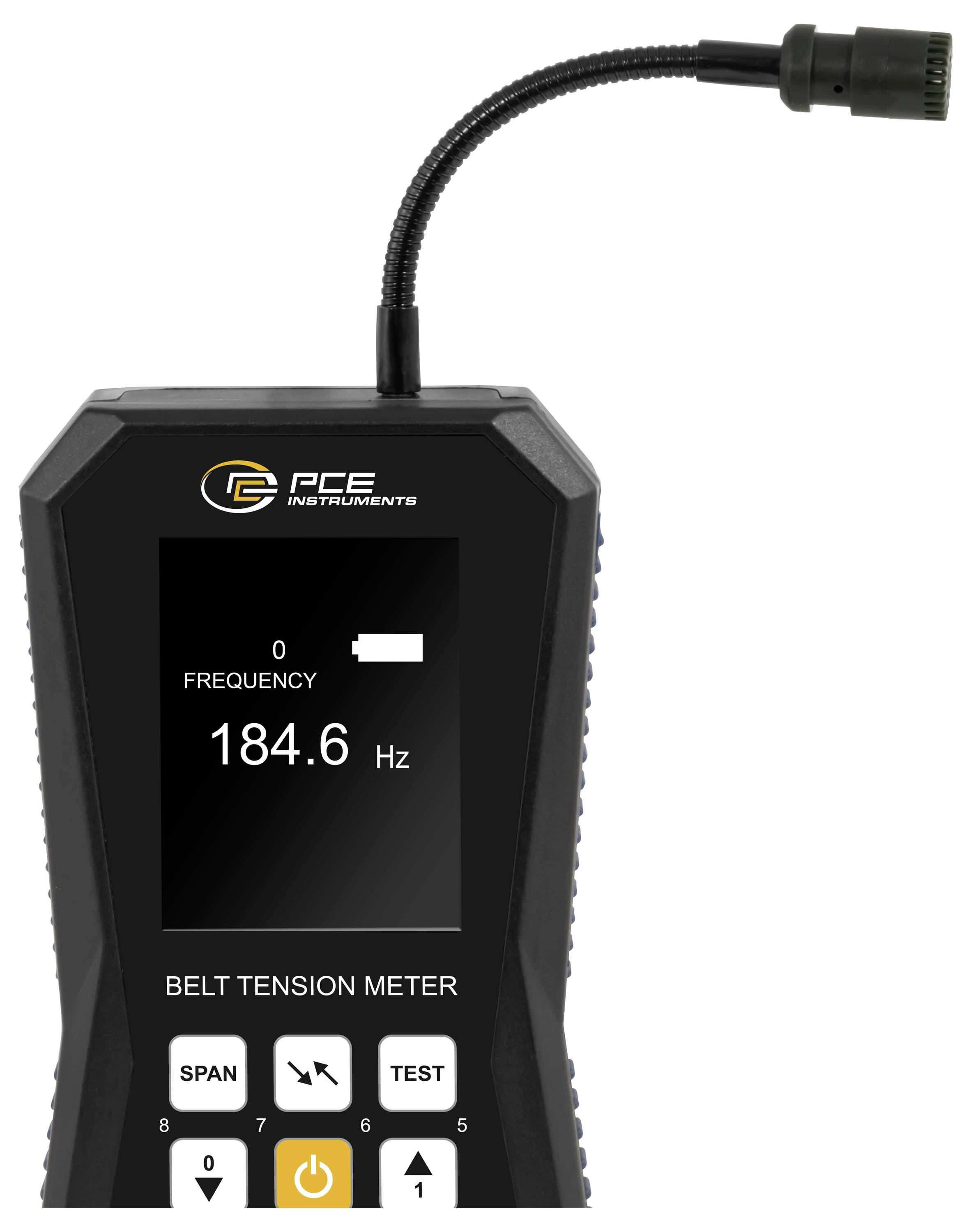 Tragbares PCE-Messinstrument zur Messung der Riemenspannung mit einem Display, das eine Frequenz von 184,6 Hz anzeigt, und Steuerungstasten darunter.