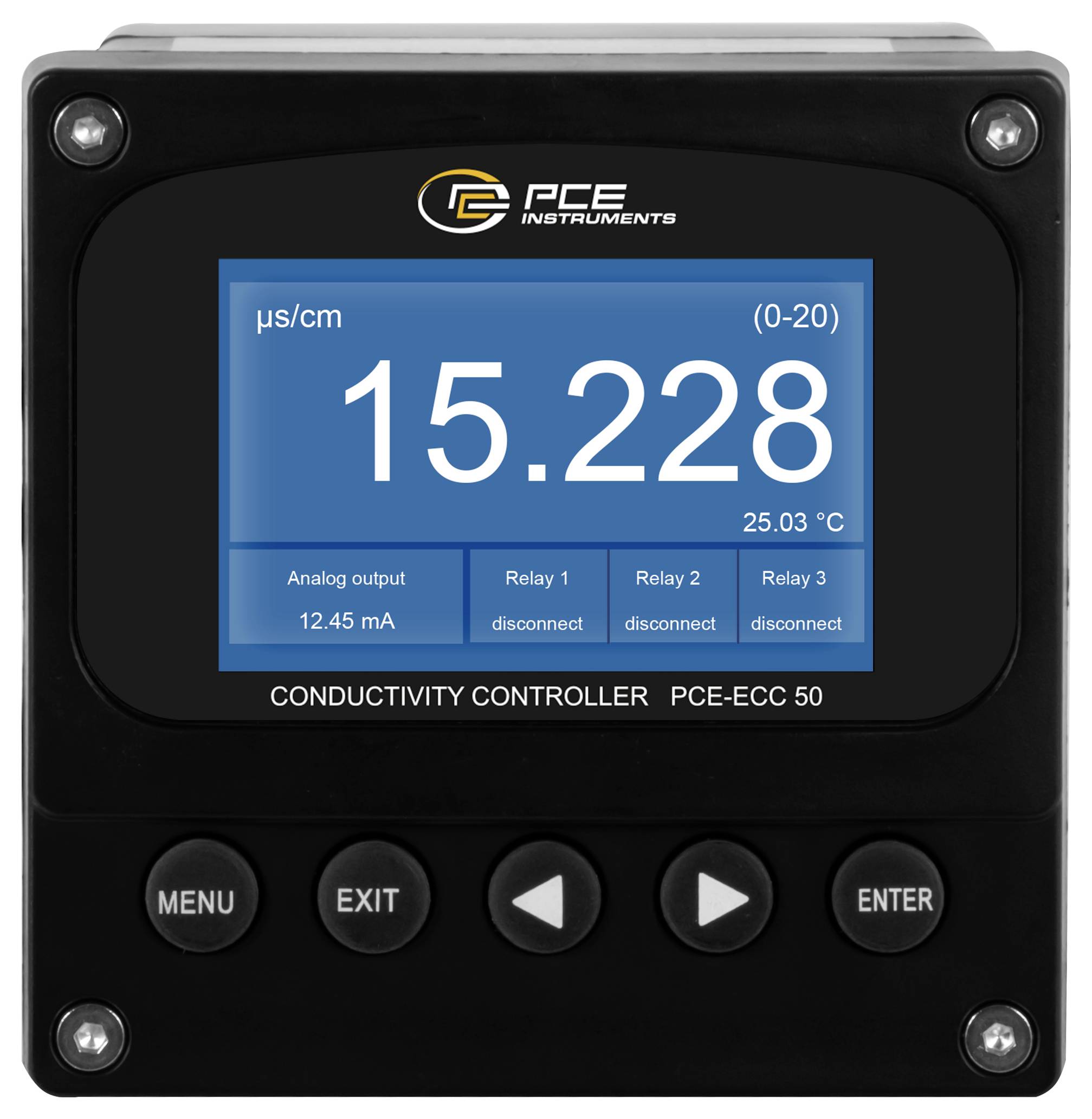 PCE-Leitfähigkeitskontroller-Display zeigt 15,228 µS/cm, 25,03 °C, Analogausgang 12,45 mA und Relais 1-3 getrennt.