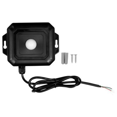 Schwarzer quadratischer wandmontierter Sensor oder Leuchte mit Kabel, zwei Schrauben und Dübeln auf weißem Hintergrund dargestellt.
