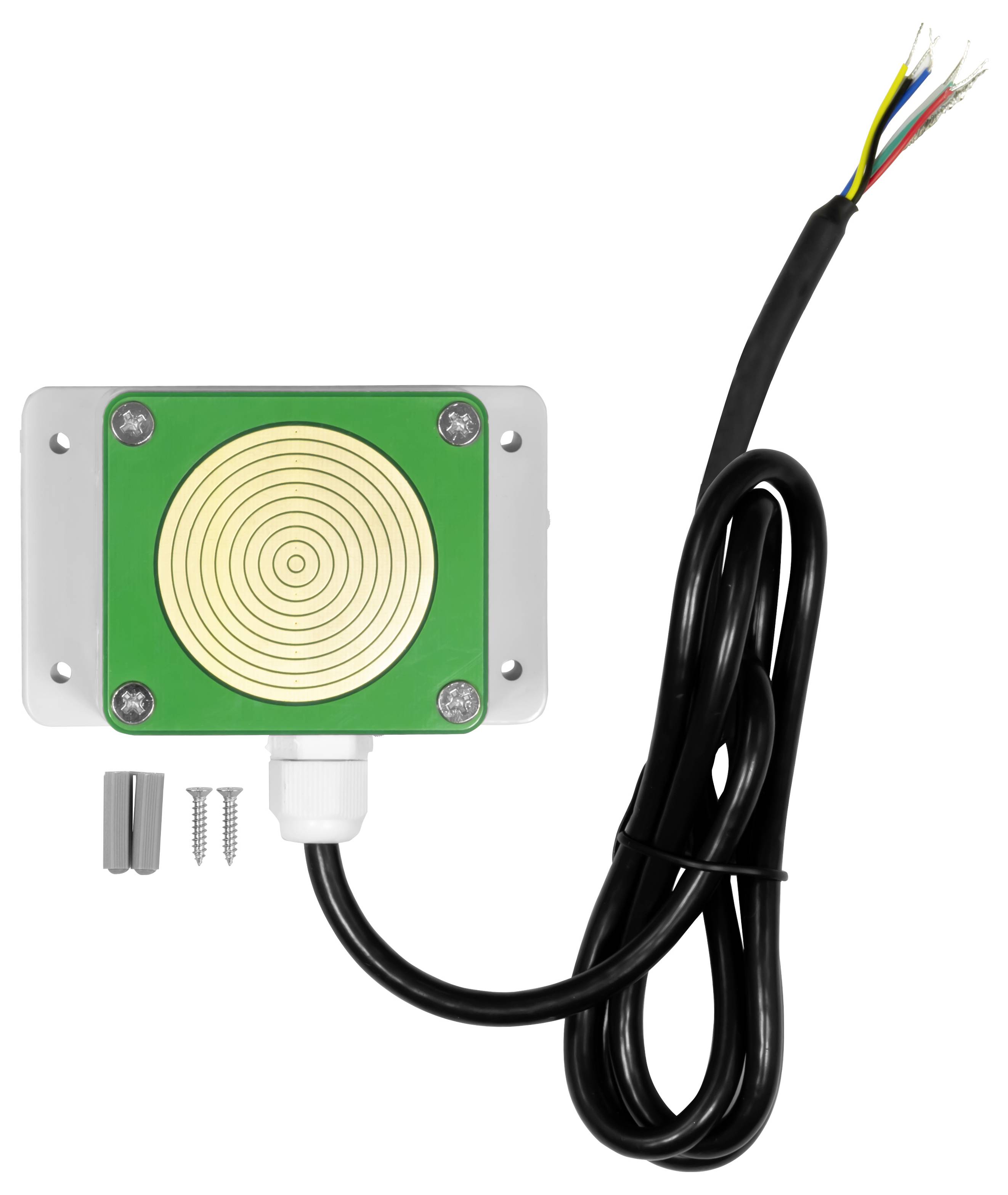 Quadratisches elektronisches Sensormodul mit kreisförmiger goldener Sensorfläche, Montageklammer und angeschlossenem schwarzem Kabel mit freiliegenden farbigen Drahtenden.