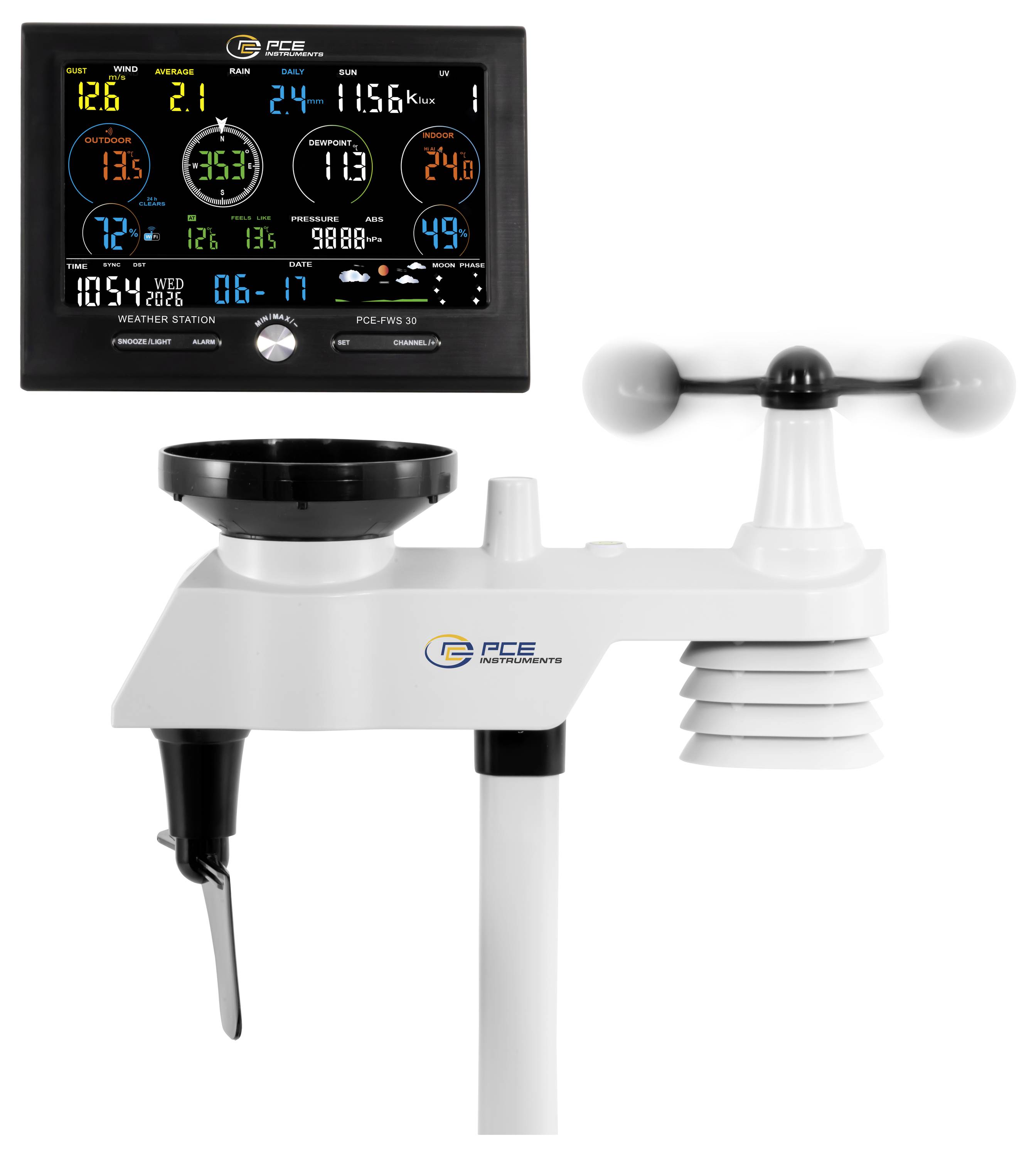 Digitale Wetterstation mit Außensensorarray, zeigt Temperatur, Luftfeuchtigkeit, Luftdruck, Wind, Niederschlag und Zeitanzeige.