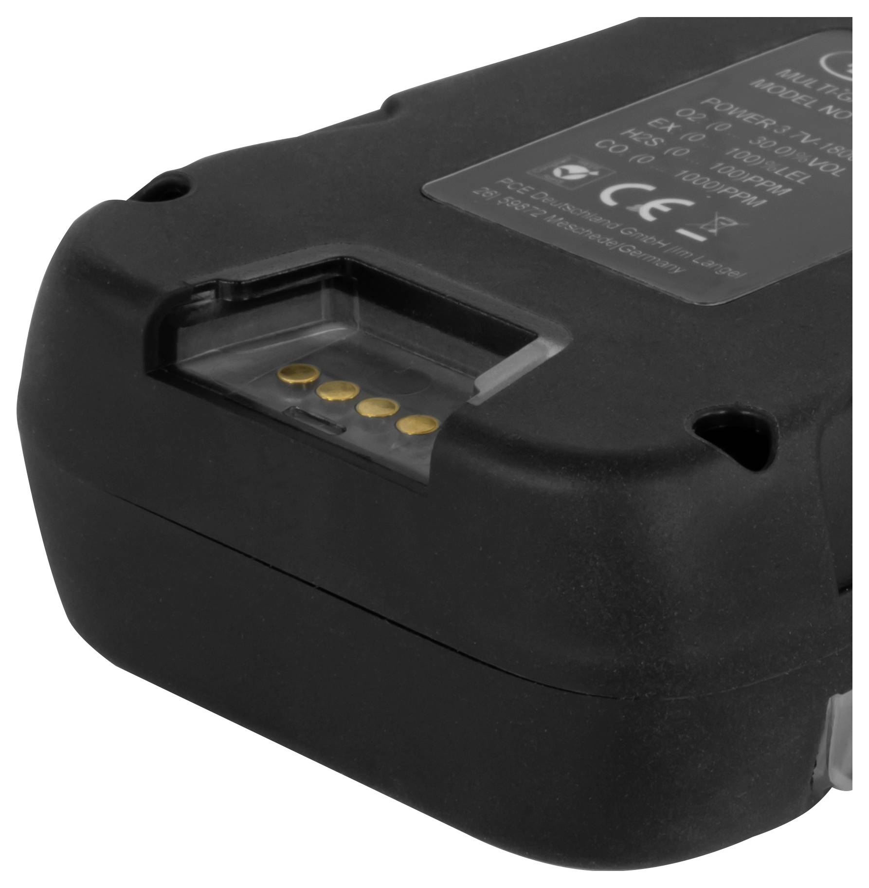 Schwarzes wiederaufladbares Batteriepak mit sichtbaren goldenen Ladekontakten und Produktetikett auf der Oberseite.