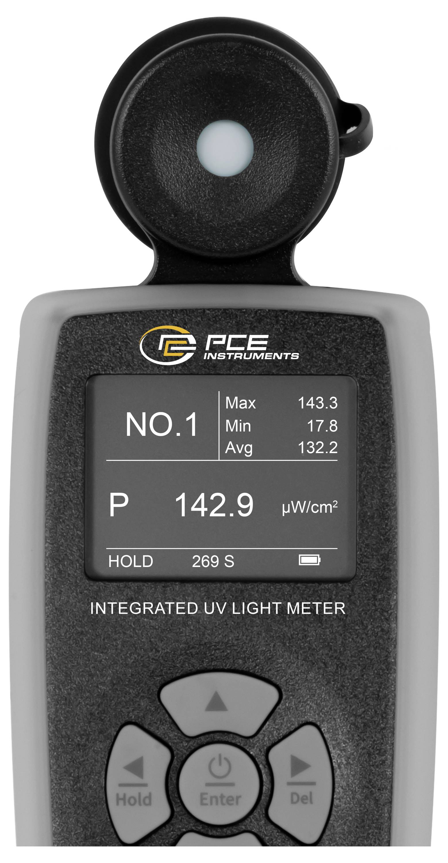 Tragbares integriertes UV-Lichtmessgerät mit einer Anzeige von 142,9 µW/cm², wobei auf dem Bildschirm die maximalen, minimalen und durchschnittlichen Werte angezeigt werden.