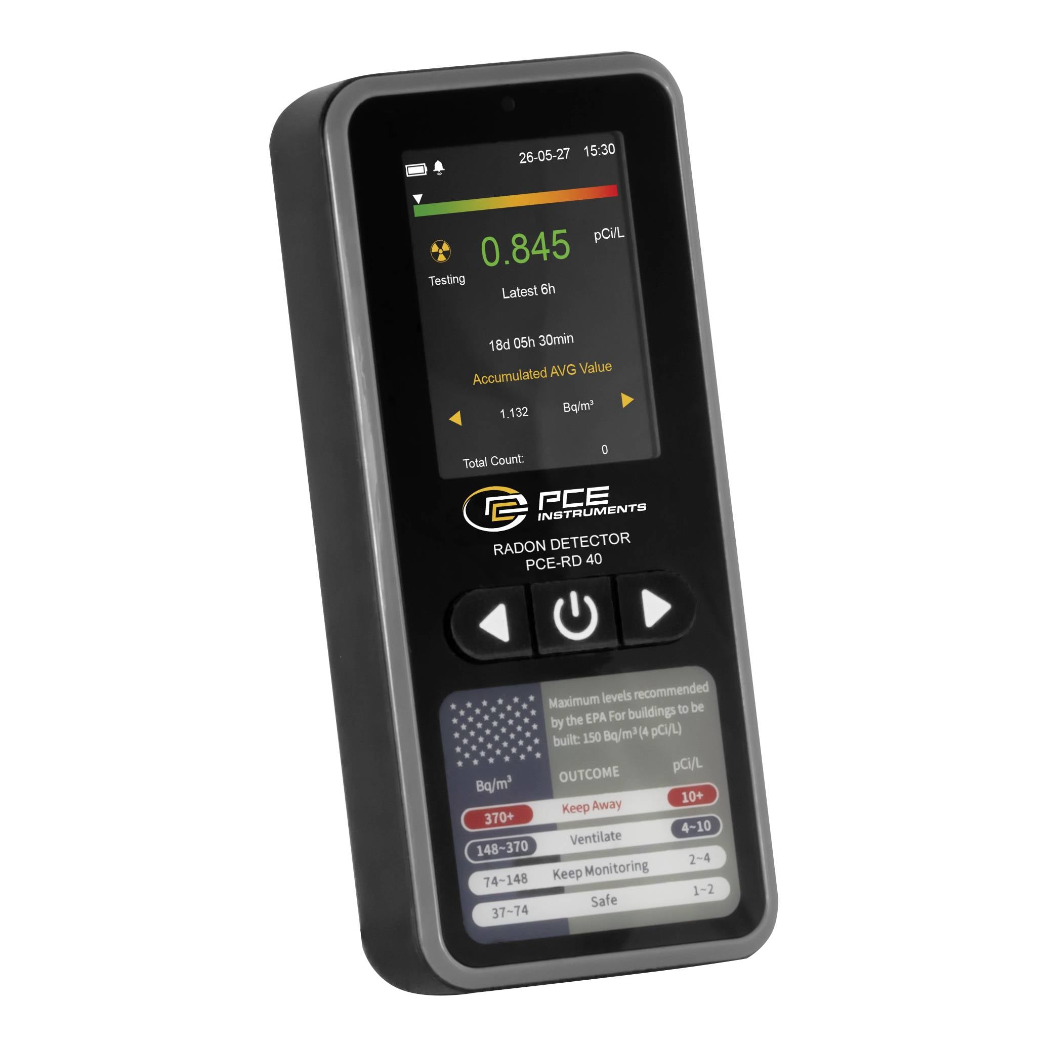 Tragbares PCE-Radon-Messinstrument zeigt eine Anzeige von 0,845 pCi/L auf seinem Bildschirm.