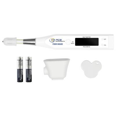 Lebensmittelqualitäts-Salzgehalt-Messer-Set mit digitaler Anzeige, zwei Batterien, Sensormessbecher und weißem Verschlussdeckel-Zubehör.