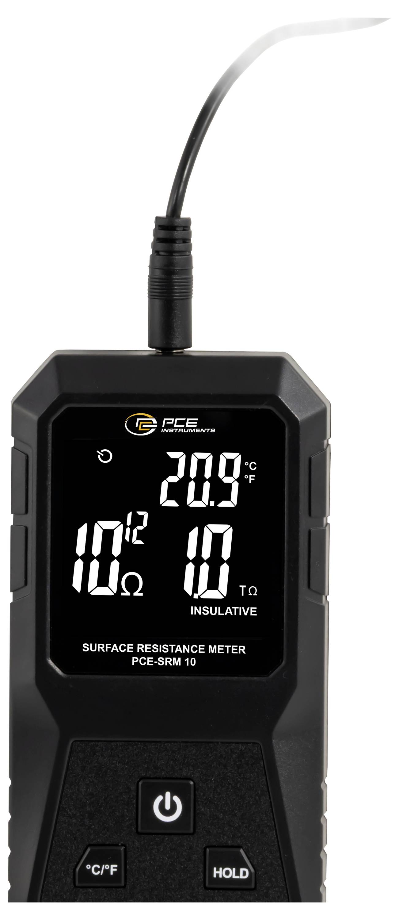 Tragbares Oberflächenwiderstandsmessgerät mit Anzeige von 20,9°C und 10^12 Ohm, mit Ein-/Aus-Taste, °C/°F- und Hold-Taste.