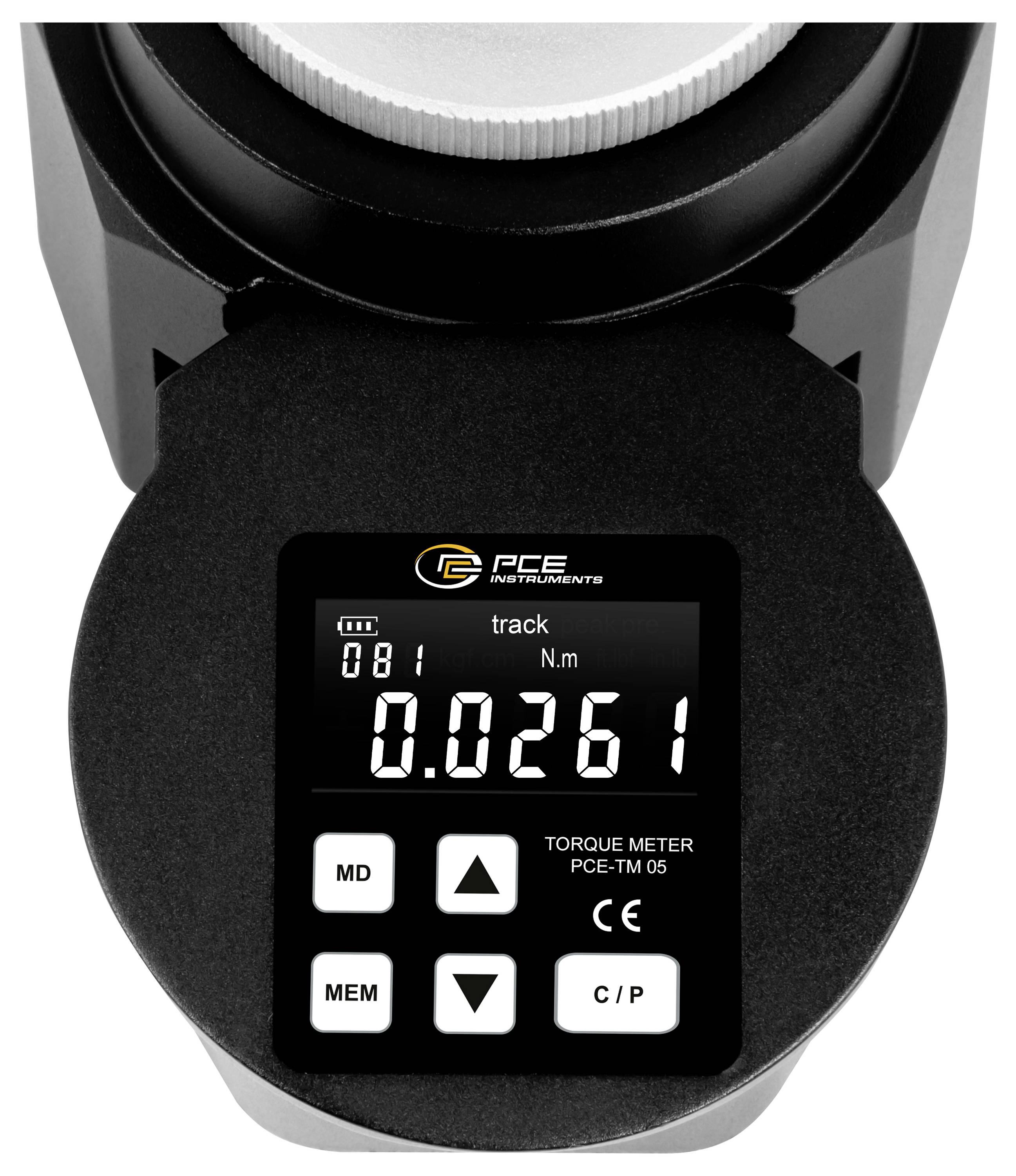 Digitales Drehmomentmessgerät-Display zeigt 0,0261 N·m im Spurmodus an, mit Batterieanzeige und Steuertasten auf der Gerätefront.