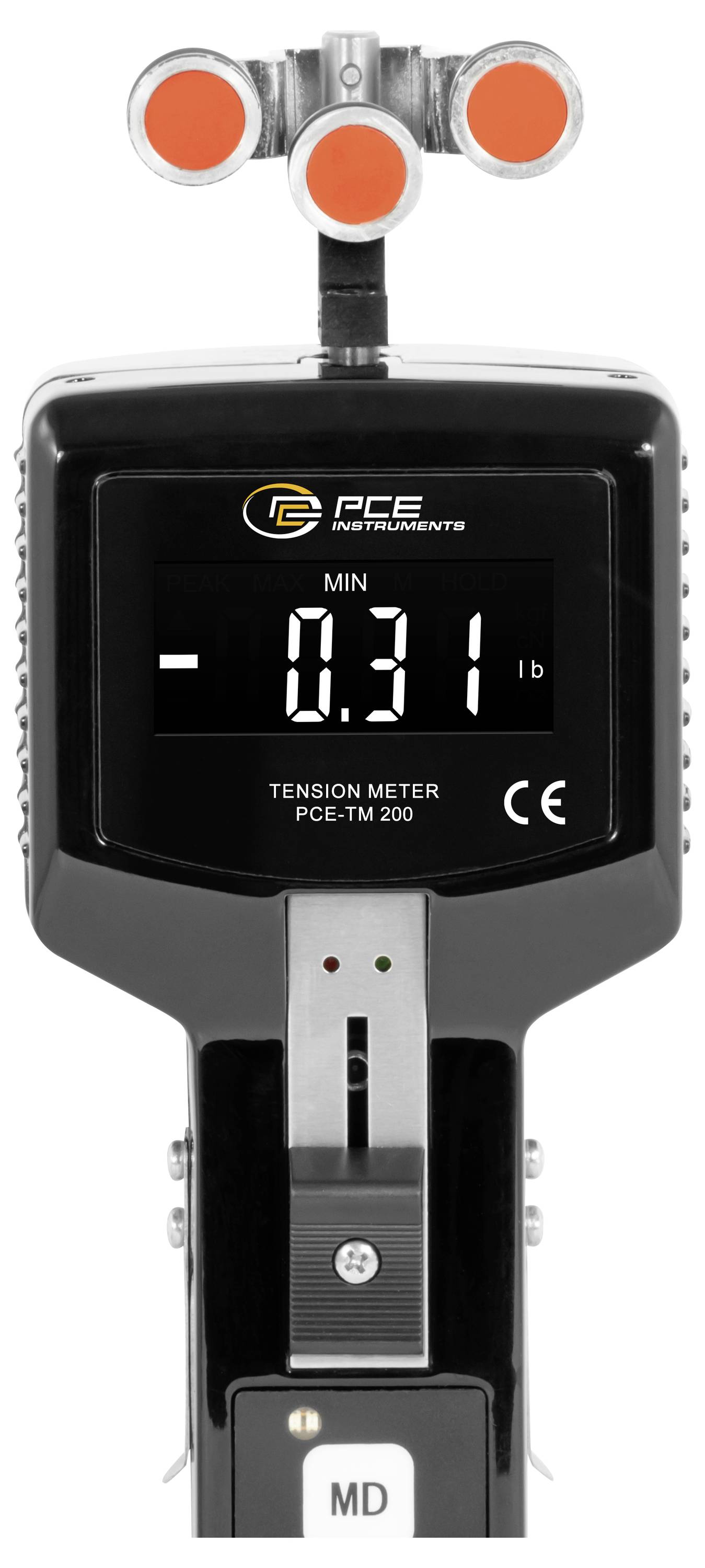 Digitales PCE-Messinstrument Spannungsmessgerät mit Displayanzeige von 0,31 lb und drei orange oberen Rollen, frontal auf weißem Hintergrund dargestellt