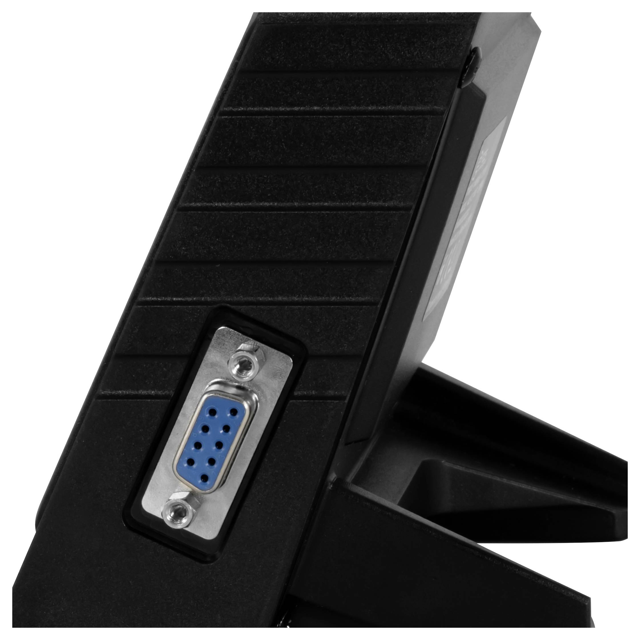 Rückansicht eines schwarzen Monitors mit einem blauen 9-poligen VGA-Anschluss und angewinkeltem Ständer auf weißem Hintergrund.