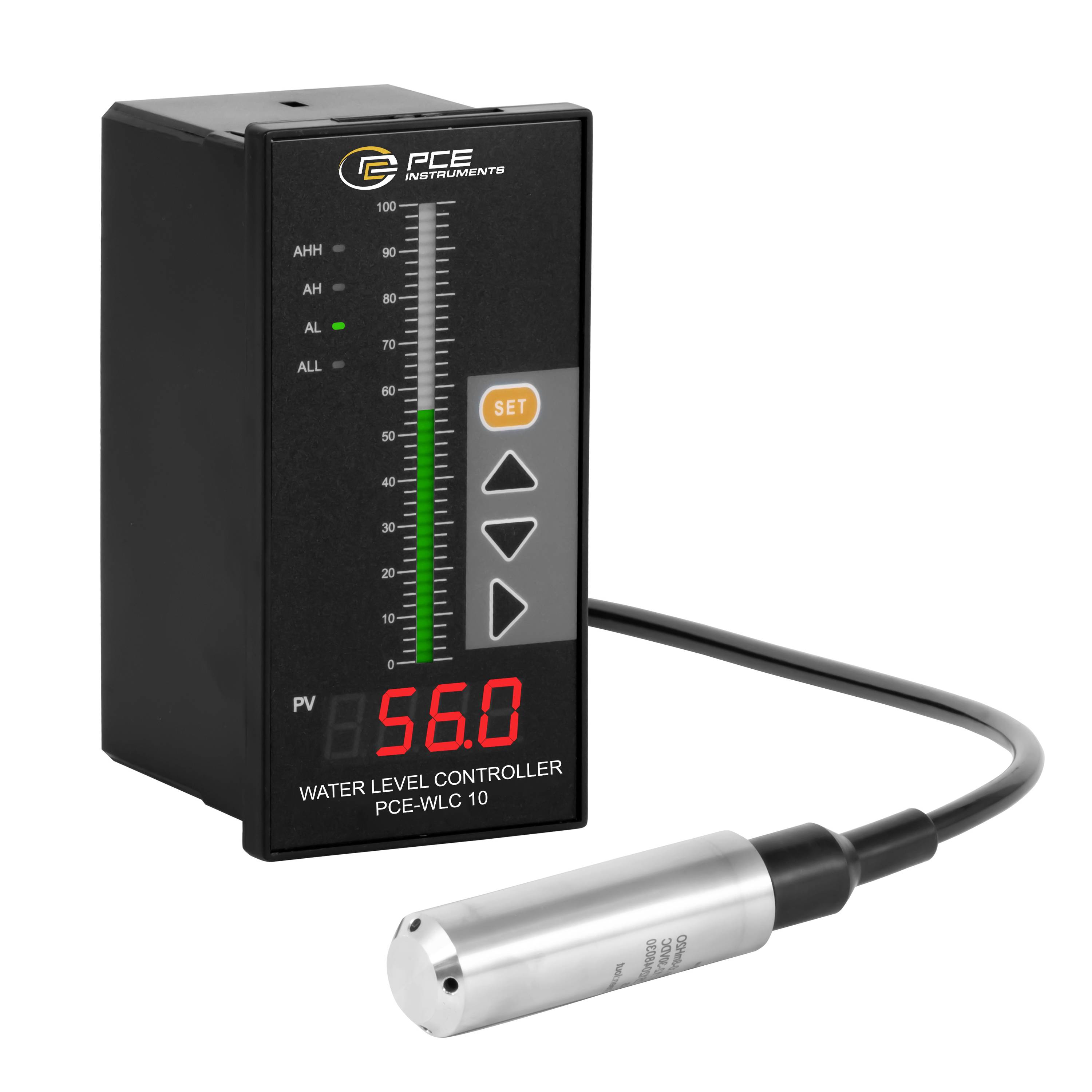 PCE Wasserstands-Regler-Display mit kabelgebundenem zylindrischem Sensorkopf, zeigt rote '56.0'-Anzeige und LED-Pegelanzeigerlichter.