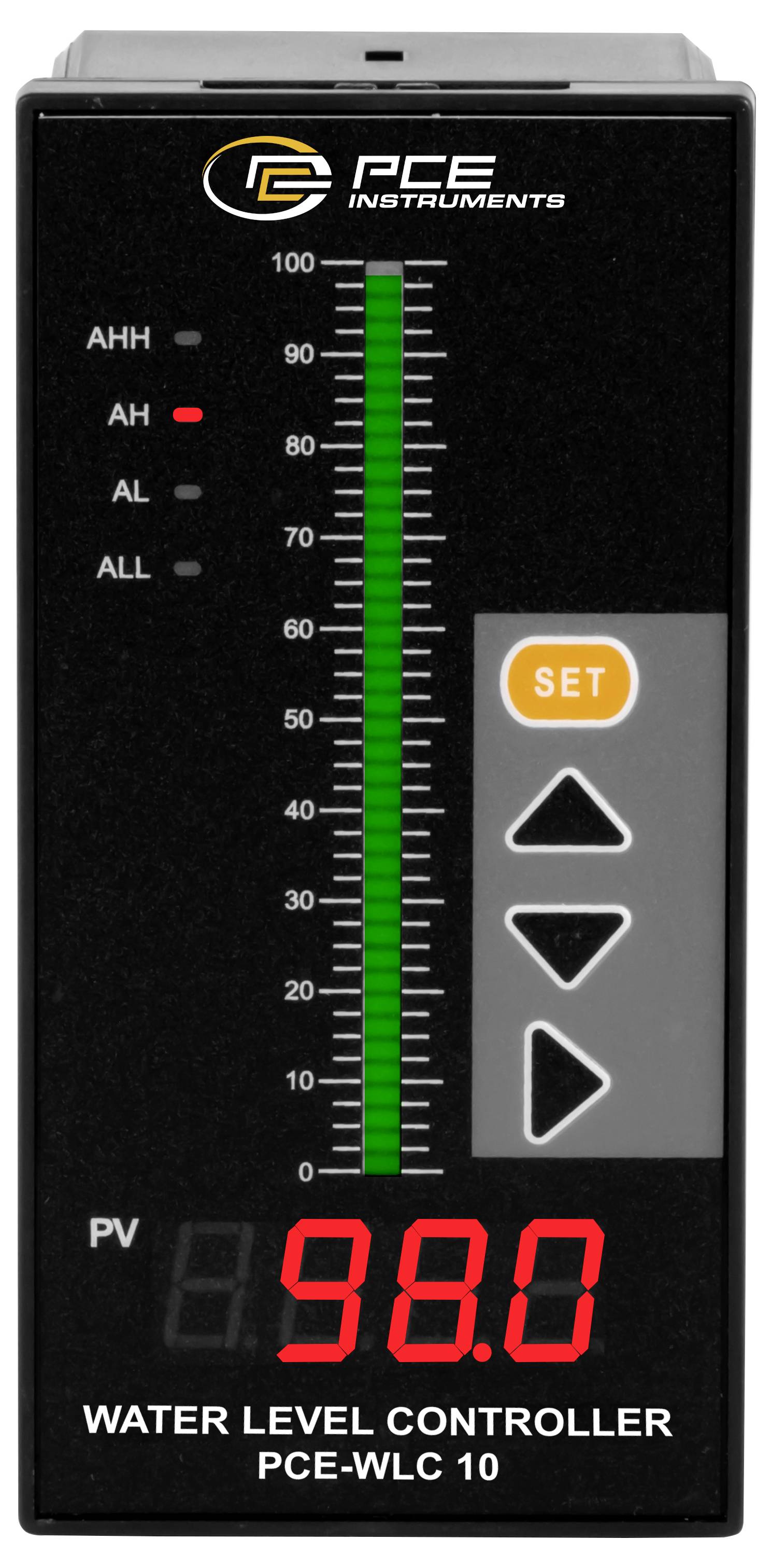 PCE Instruments Wasserstands-Regler mit aktueller Wasserstands-Messgröße PV 38.0, mit Alarm-Indikatoren AHH, AH, AL und ALL und einer Schaltfläche "SET".