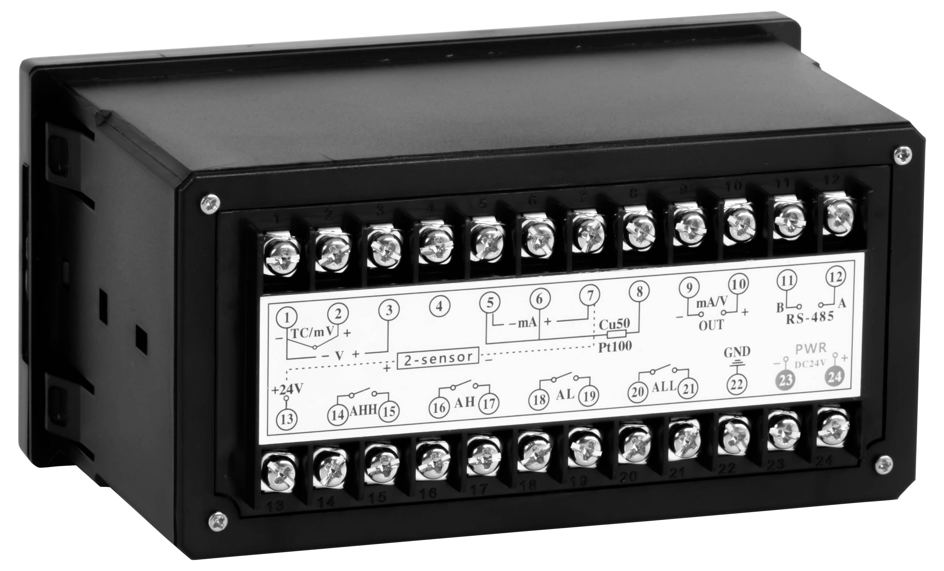 Schwarzes Industriekontrollmodul mit beschrifteten Schraubklemmen und Schaltschema auf der Frontplatte.