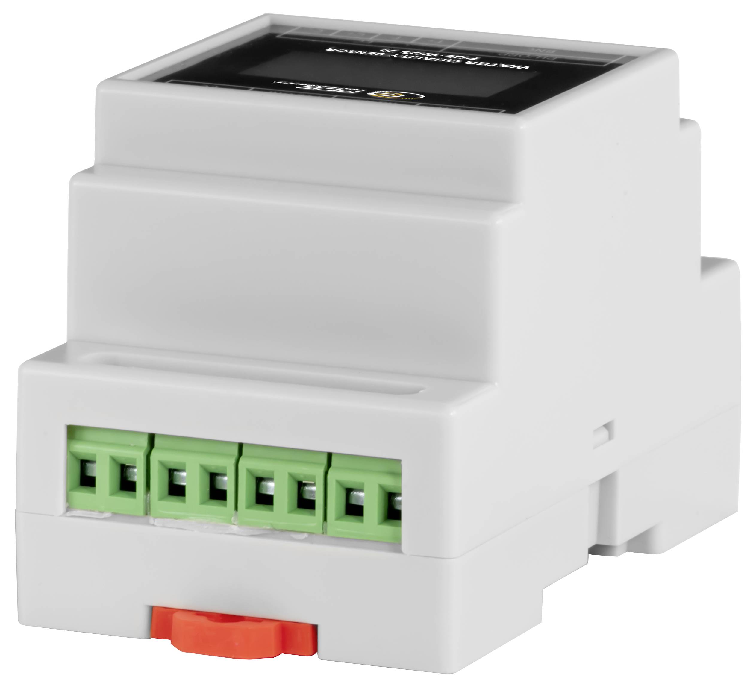 Weißes DIN-Schienen-Elektromodul mit grünen Anschllussklemmen und einer roten Verriegelung, isoliert auf weißem Hintergrund dargestellt.
