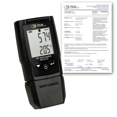 PCE HT 72 PDF-Datenlogger zeigt 57,4% RH und 20,5°C an, mit einem Kalibrierschein dahinter.