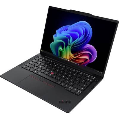 Schwarzer Lenovo ThinkPad Laptop in einem Winkel geöffnet, zeigt eine Windows 11-artige bunte abstrakte Tapete auf dem Bildschirm.