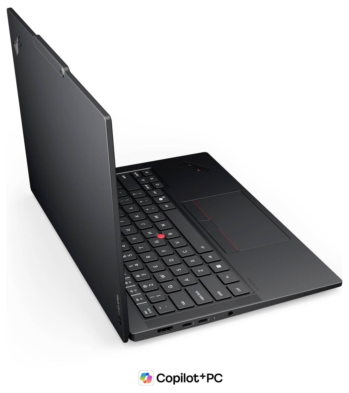 Schwarzer Lenovo ThinkPad-Laptop, der in einem Winkel offen gezeigt wird, mit sichtbarer Tastatur und Touchpad, unten mit "Copilot+ PC" gekennzeichnet.