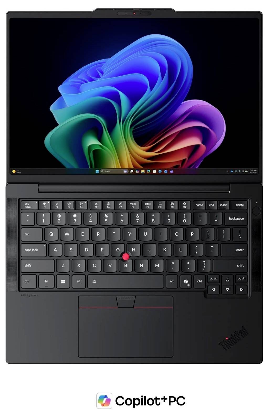Lenovo ThinkPad-Laptop mit farbenfrohem Windows-11-Desktop und „Copilot+PC"-Branding darunter.