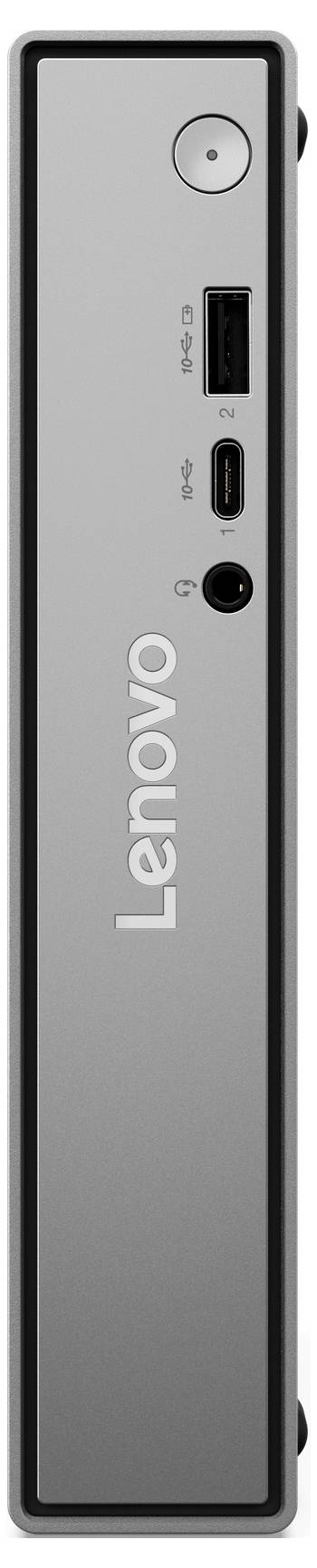 Vertikale Lenovo-Computerdockingstation oder schlankes Mini-PC-Frontpanel mit Ein-/Ausschalter, USB-A-Anschluss, USB-C-Anschluss und Audiobuchse.